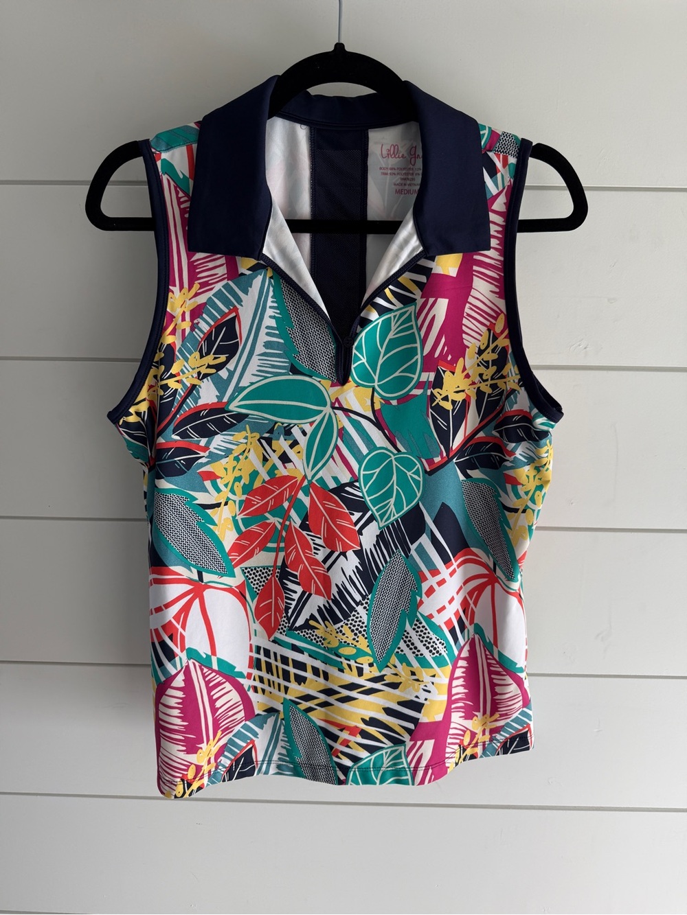 Lilly Green Tropical Leaf Print Sleeveless Polo - Size M